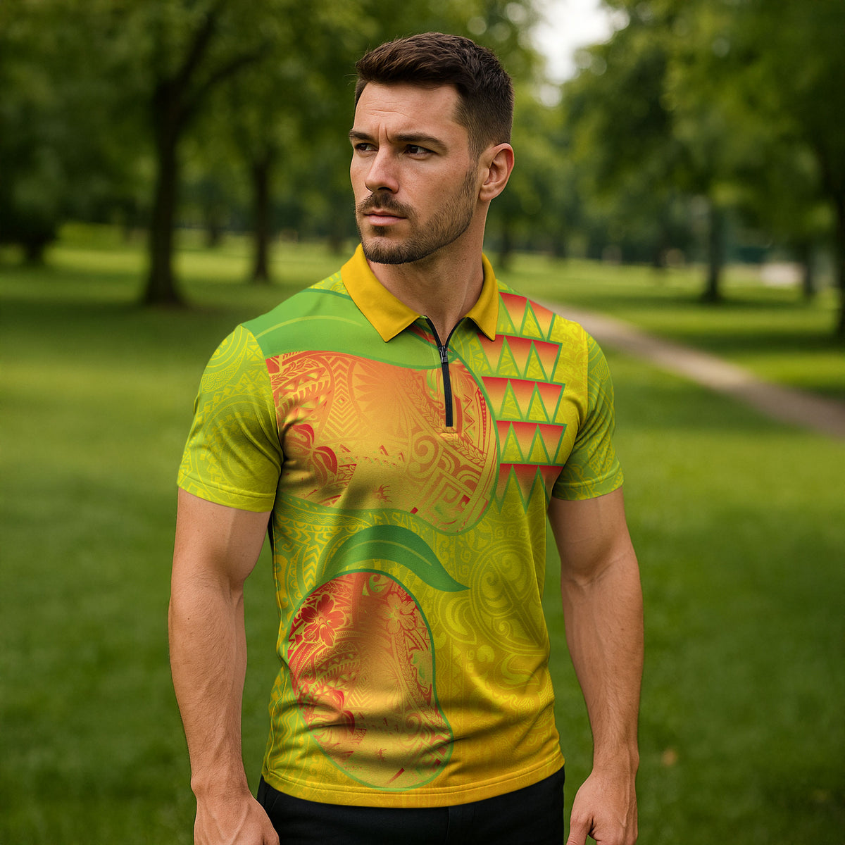 Hawaiian Mango Zipper Polo Shirt Polynesian Art Pattern and Kakau Tattoo LT03 - Polynesian Pride
