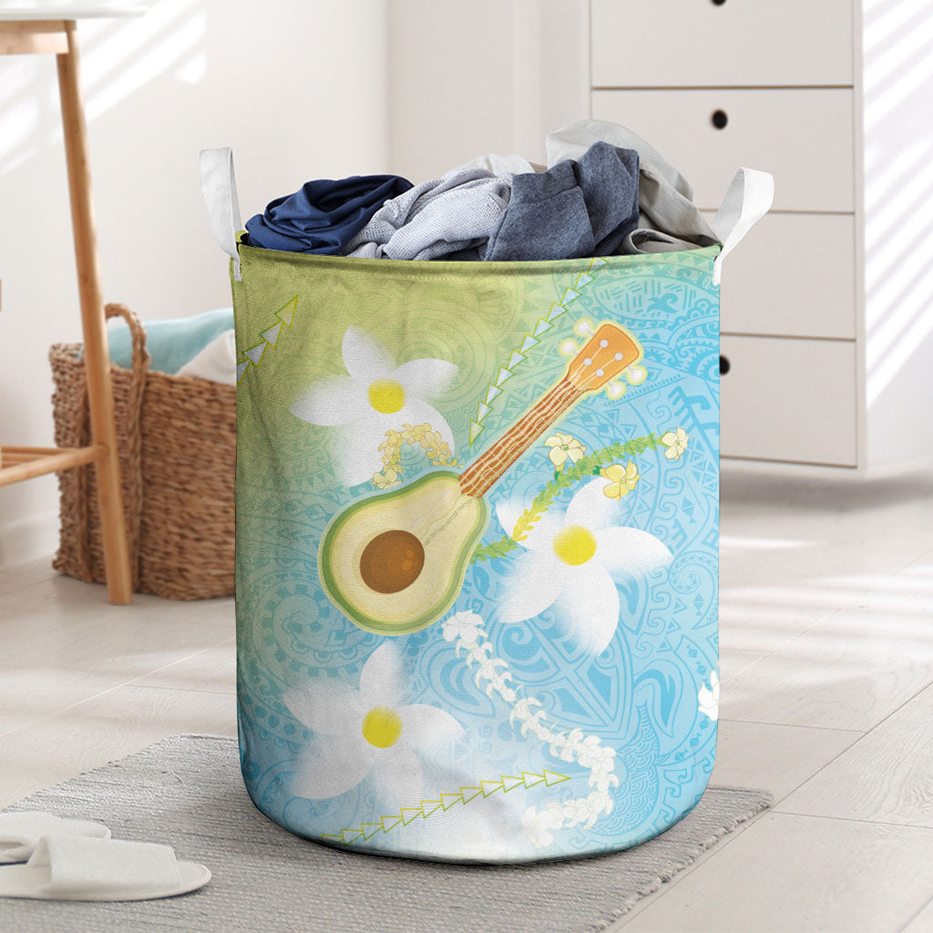 Hawaiian Ukulele Avocado Laundry Basket Leis and Polynesian Pattern LT03 White - Polynesian Pride