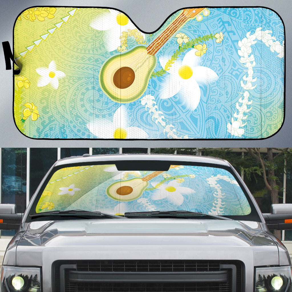 Hawaiian Ukulele Avocado Auto Sun Shade Leis and Polynesian Pattern LT03 White - Polynesian Pride