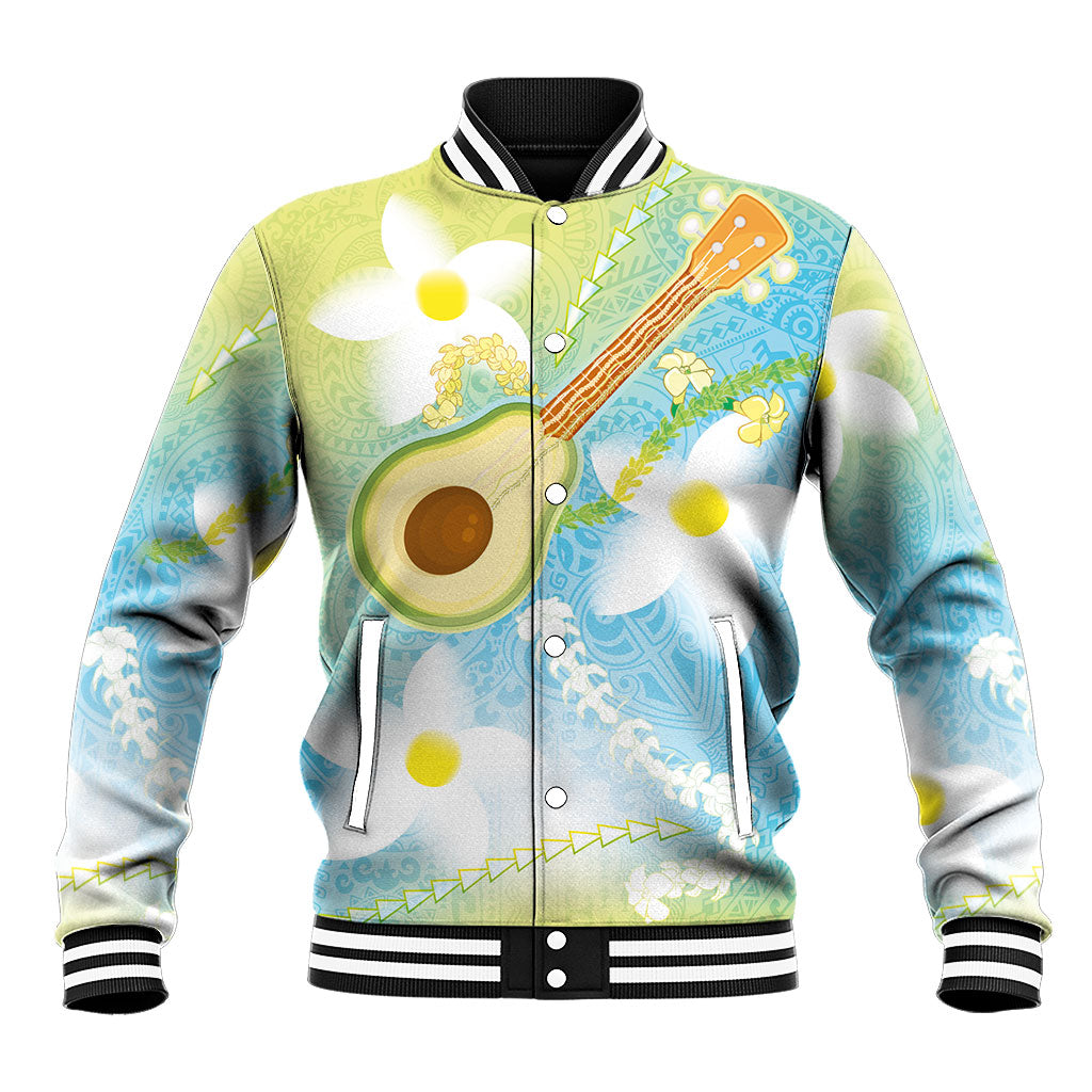 Hawaiian Ukulele Avocado Baseball Jacket Leis and Polynesian Pattern LT03 Unisex White - Polynesian Pride