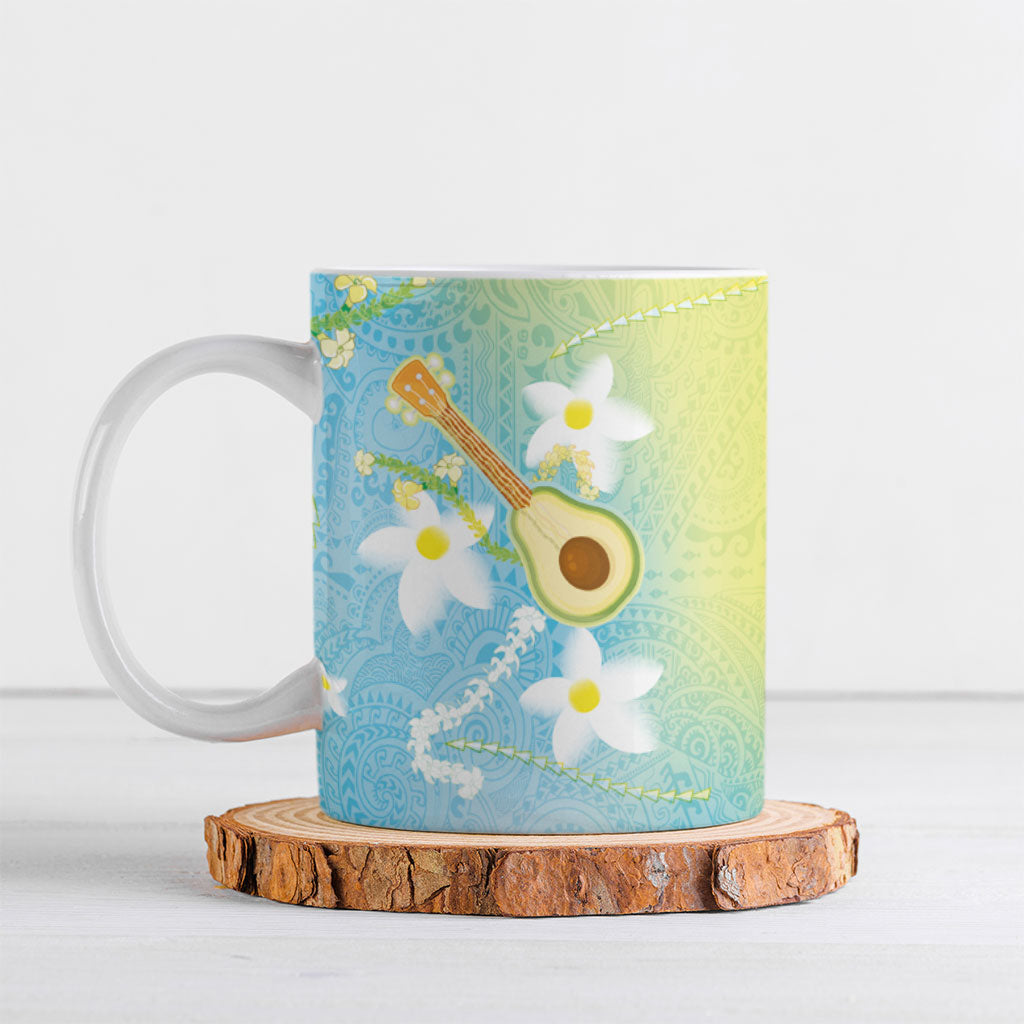 Hawaiian Ukulele Avocado Ceramic Mug Leis and Polynesian Pattern LT03 White - Polynesian Pride