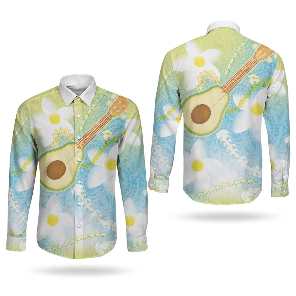 Hawaiian Ukulele Avocado Couples Matching Off Shoulder Maxi Dress and Long Sleeve Button Shirt Leis and Polynesian Pattern LT03 - Polynesian Pride