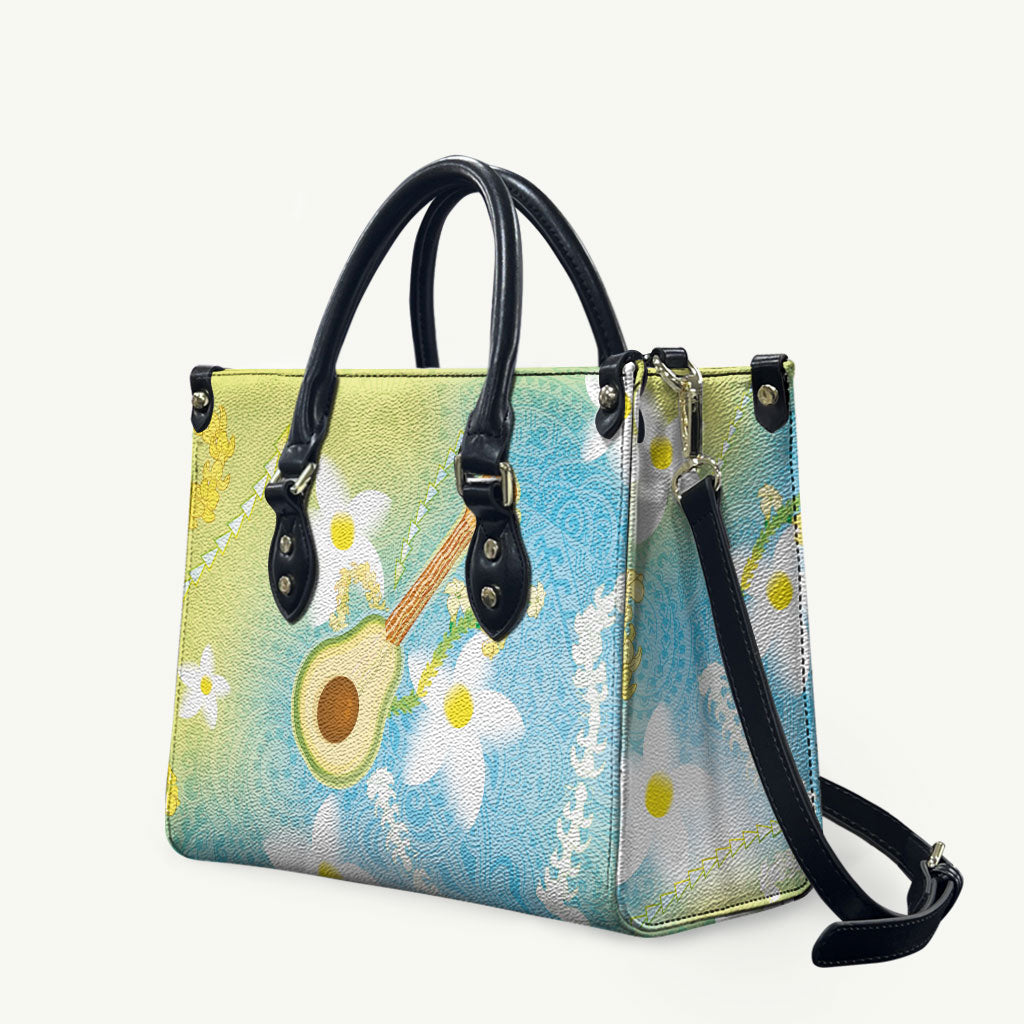 Hawaiian Ukulele Avocado Leather Bag Leis and Polynesian Pattern LT03 White - Polynesian Pride