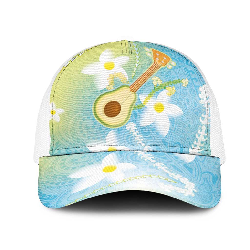Hawaiian Ukulele Avocado Mesh Trucker Cap Leis and Polynesian Pattern LT03 One Size White White - Polynesian Pride