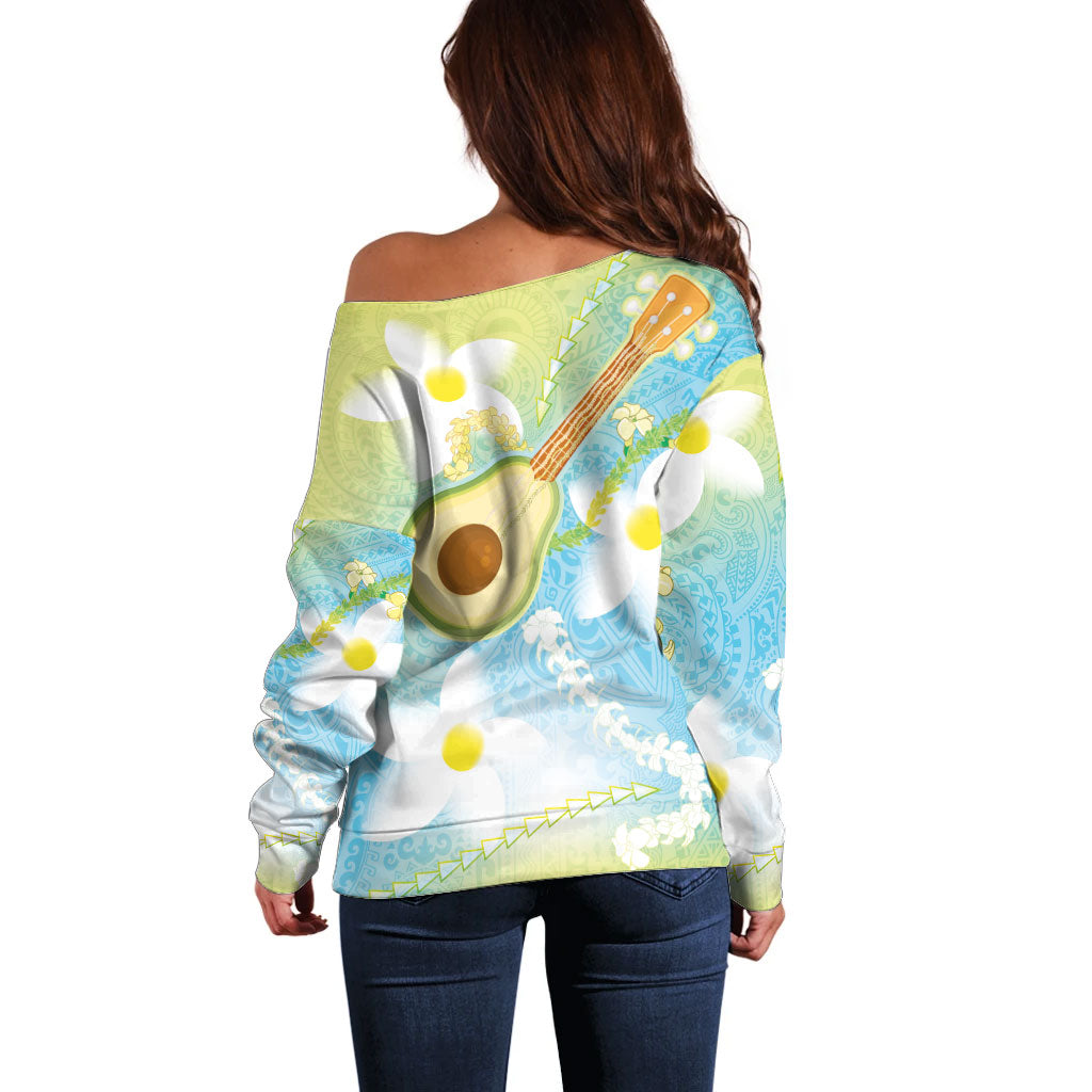 Hawaiian Ukulele Avocado Off Shoulder Sweater Leis and Polynesian Pattern LT03 - Polynesian Pride