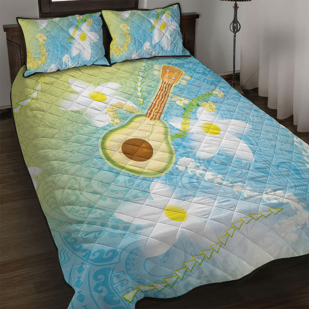 Hawaiian Ukulele Avocado Quilt Bed Set Leis and Polynesian Pattern LT03 White - Polynesian Pride