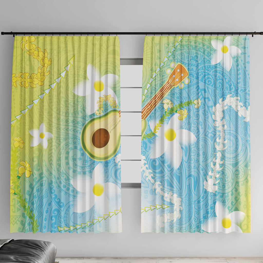 Hawaiian Ukulele Avocado Window Curtain Leis and Polynesian Pattern LT03 With Hooks White - Polynesian Pride
