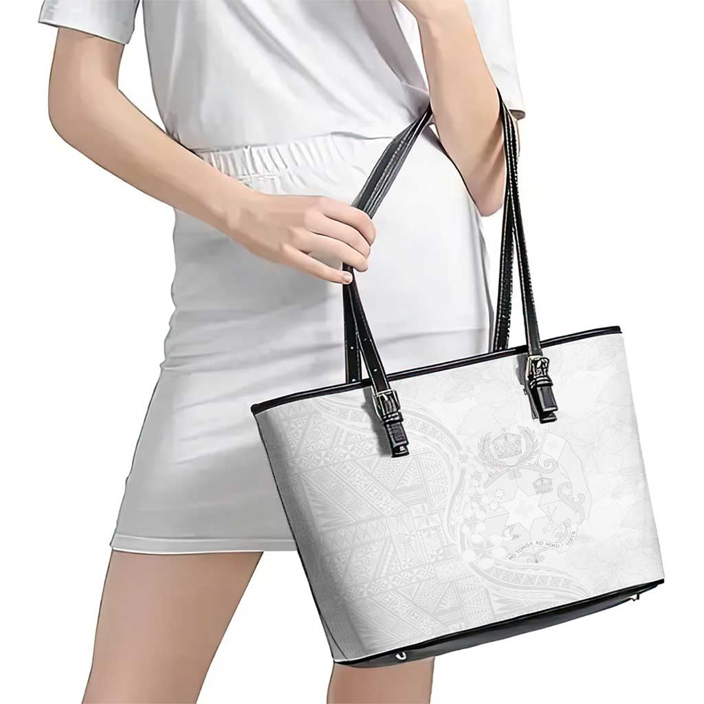 Tonga Faka Sepitema Leather Tote Bag Ngatu Pattern with Plumeria and Hibiscus LT03 - Polynesian Pride