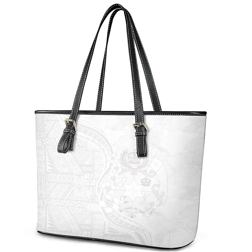 Tonga Faka Sepitema Leather Tote Bag Ngatu Pattern with Plumeria and Hibiscus LT03 - Polynesian Pride