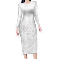 Tonga Faka Sepitema Long Sleeve Bodycon Dress Ngatu Pattern with Plumeria and Hibiscus LT03 Long Dress White - Polynesian Pride
