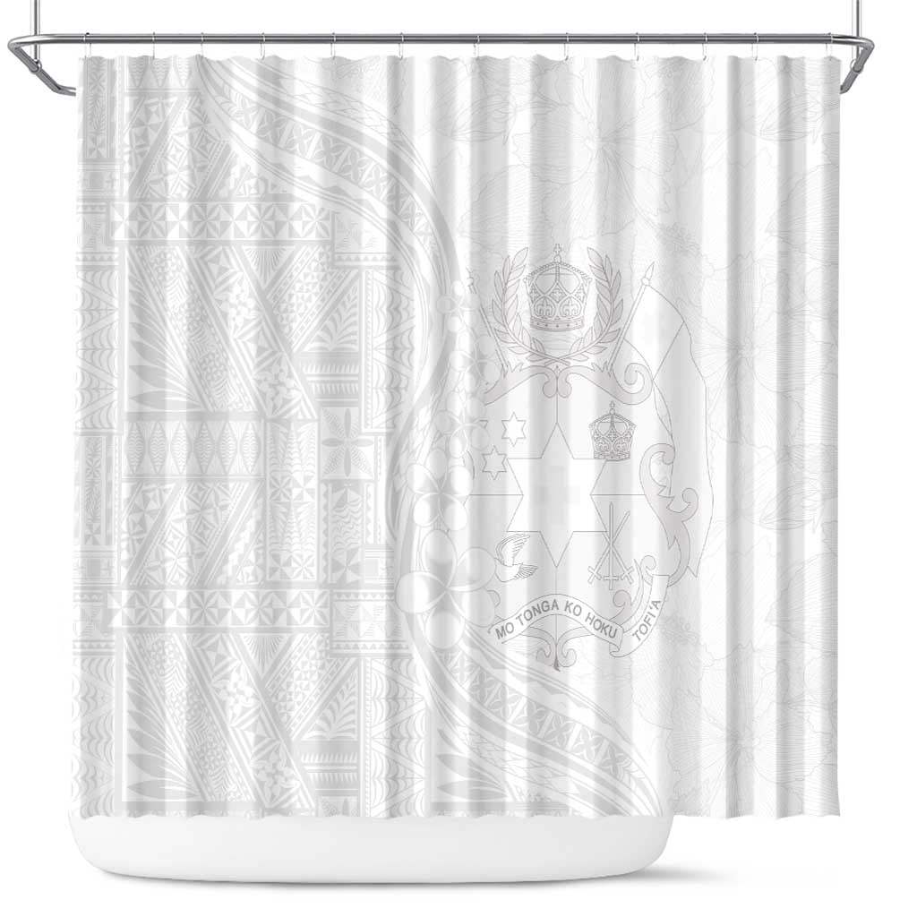 Tonga Faka Sepitema Shower Curtain Ngatu Pattern with Plumeria and Hibiscus LT03 White - Polynesian Pride