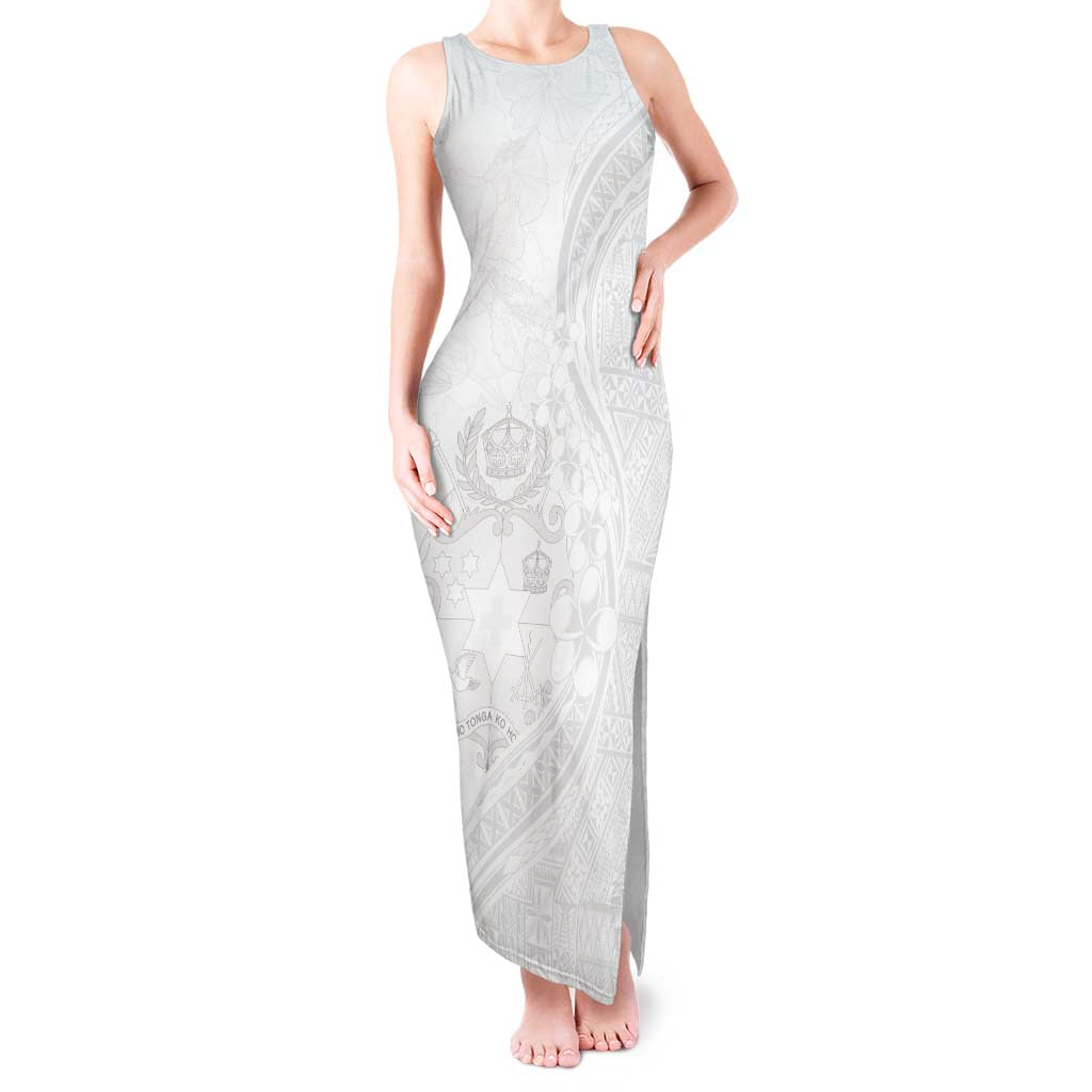 Tonga Faka Sepitema Tank Maxi Dress Ngatu Pattern with Plumeria and Hibiscus LT03 Women White - Polynesian Pride