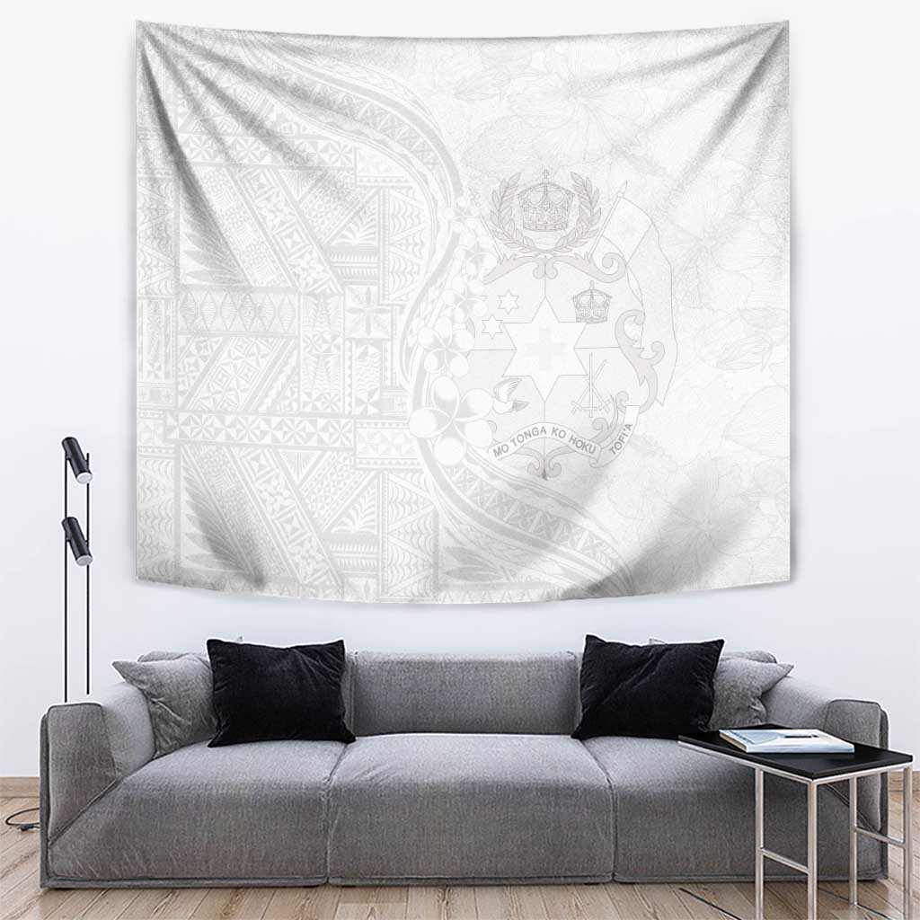 Tonga Faka Sepitema Tapestry Ngatu Pattern with Plumeria and Hibiscus LT03 White - Polynesian Pride