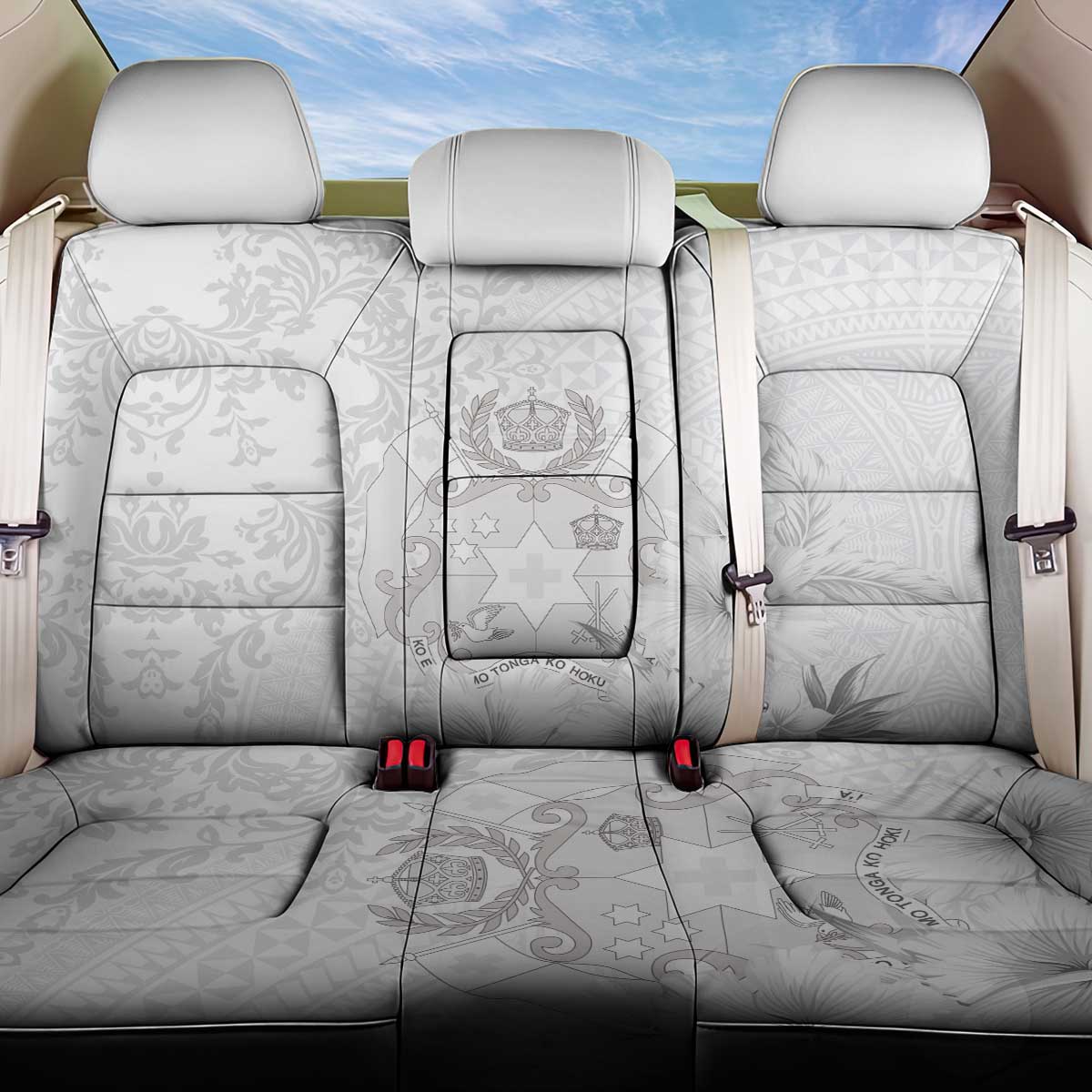 Tonga Faka Sepitema Back Car Seat Cover Ngatu and Floral Pattern with Blooming Hibiscus LT03 One Size White - Polynesian Pride