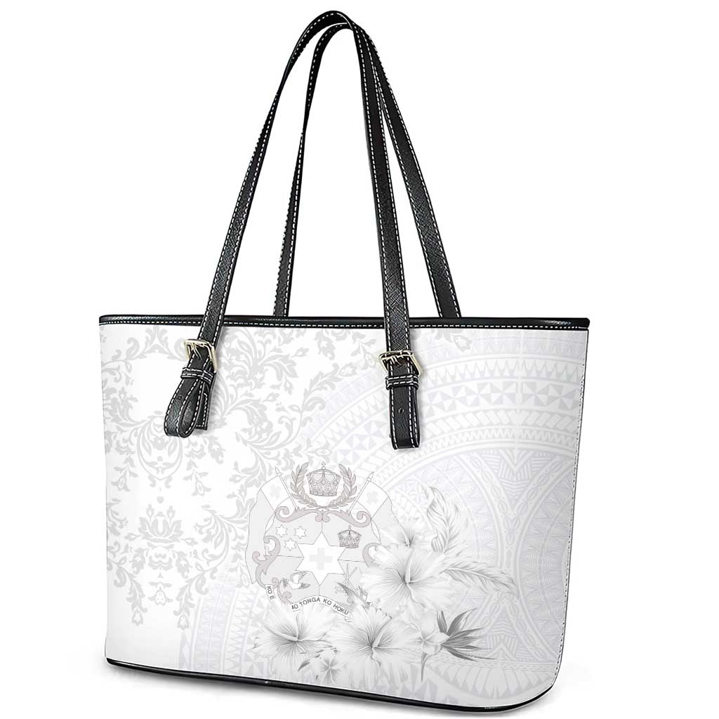 Tonga Faka Sepitema Leather Tote Bag Ngatu and Floral Pattern with Blooming Hibiscus LT03 - Polynesian Pride