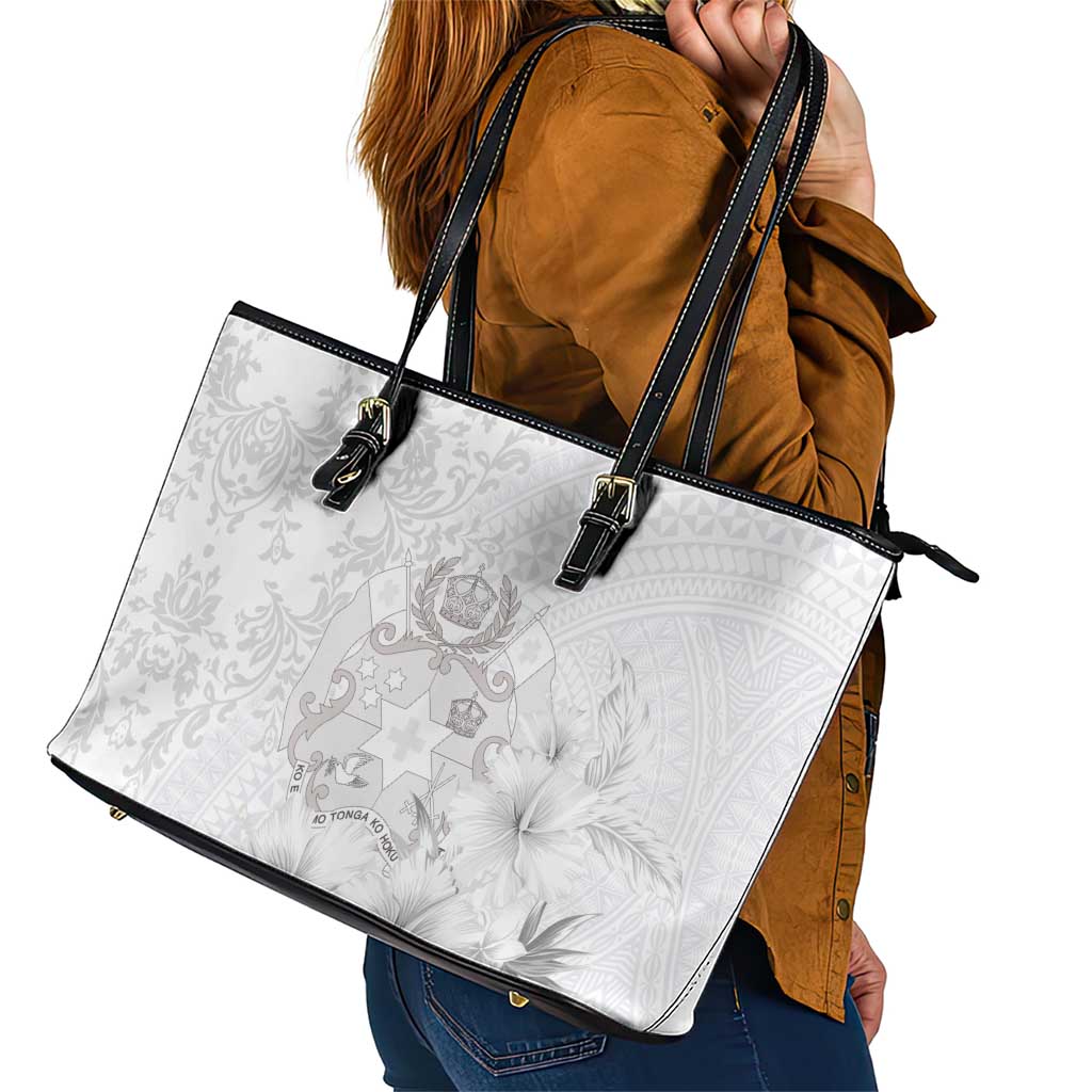 Tonga Faka Sepitema Leather Tote Bag Ngatu and Floral Pattern with Blooming Hibiscus LT03 - Polynesian Pride