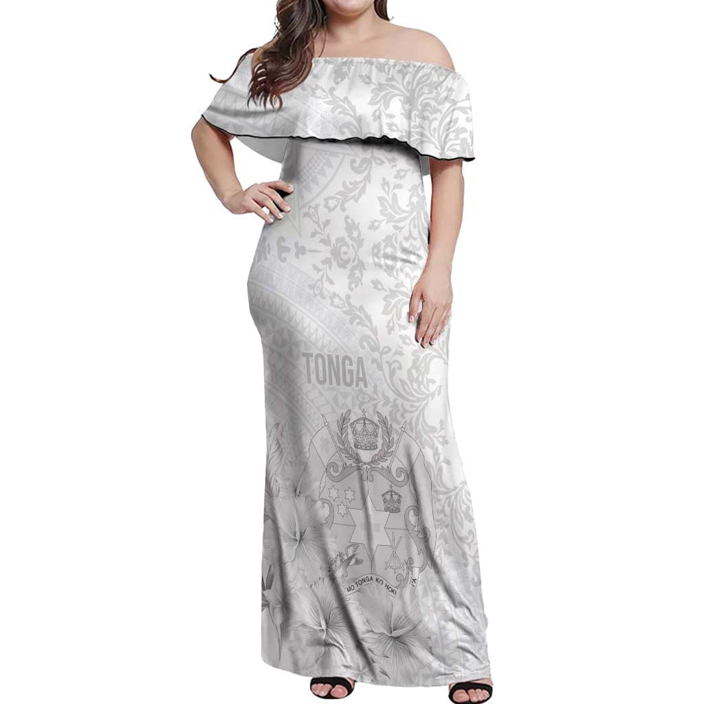 Tonga Faka Sepitema Off Shoulder Maxi Dress Ngatu and Floral Pattern with Blooming Hibiscus LT03 Women White - Polynesian Pride