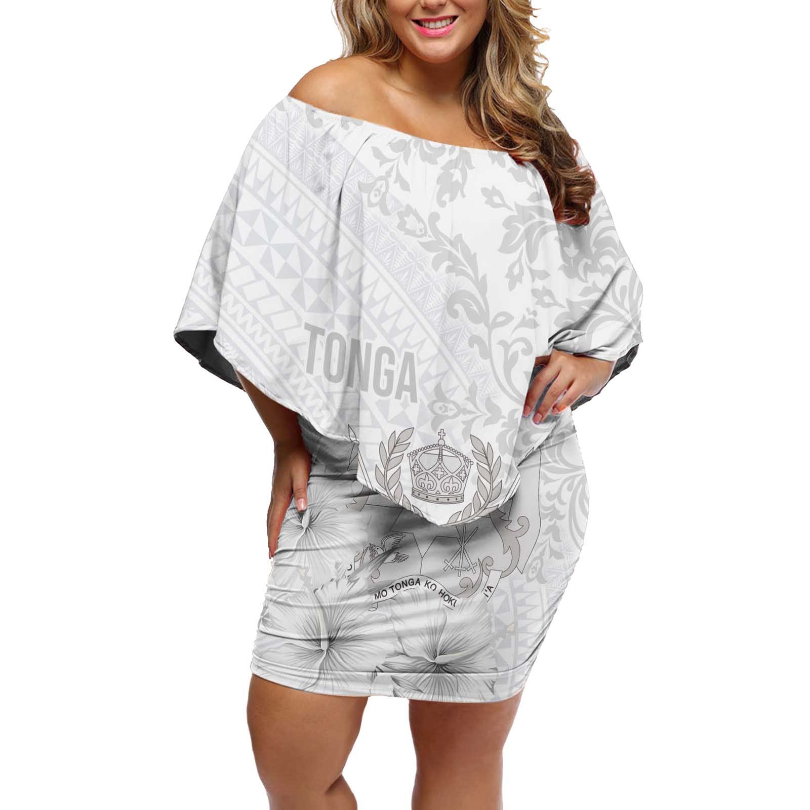 Tonga Faka Sepitema Off Shoulder Short Dress Ngatu and Floral Pattern with Blooming Hibiscus LT03 Women White - Polynesian Pride