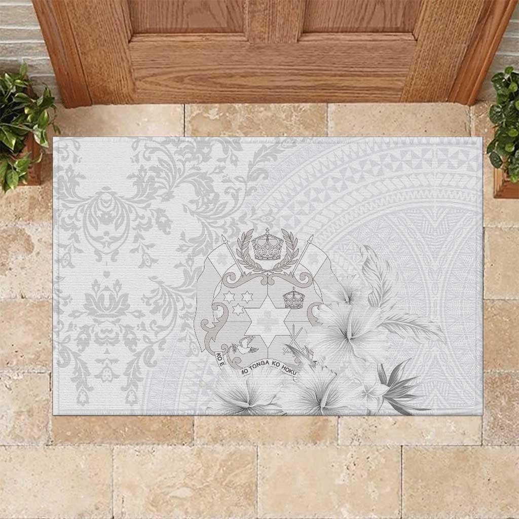 Tonga Faka Sepitema Rubber Doormat Ngatu and Floral Pattern with Blooming Hibiscus LT03 White - Polynesian Pride