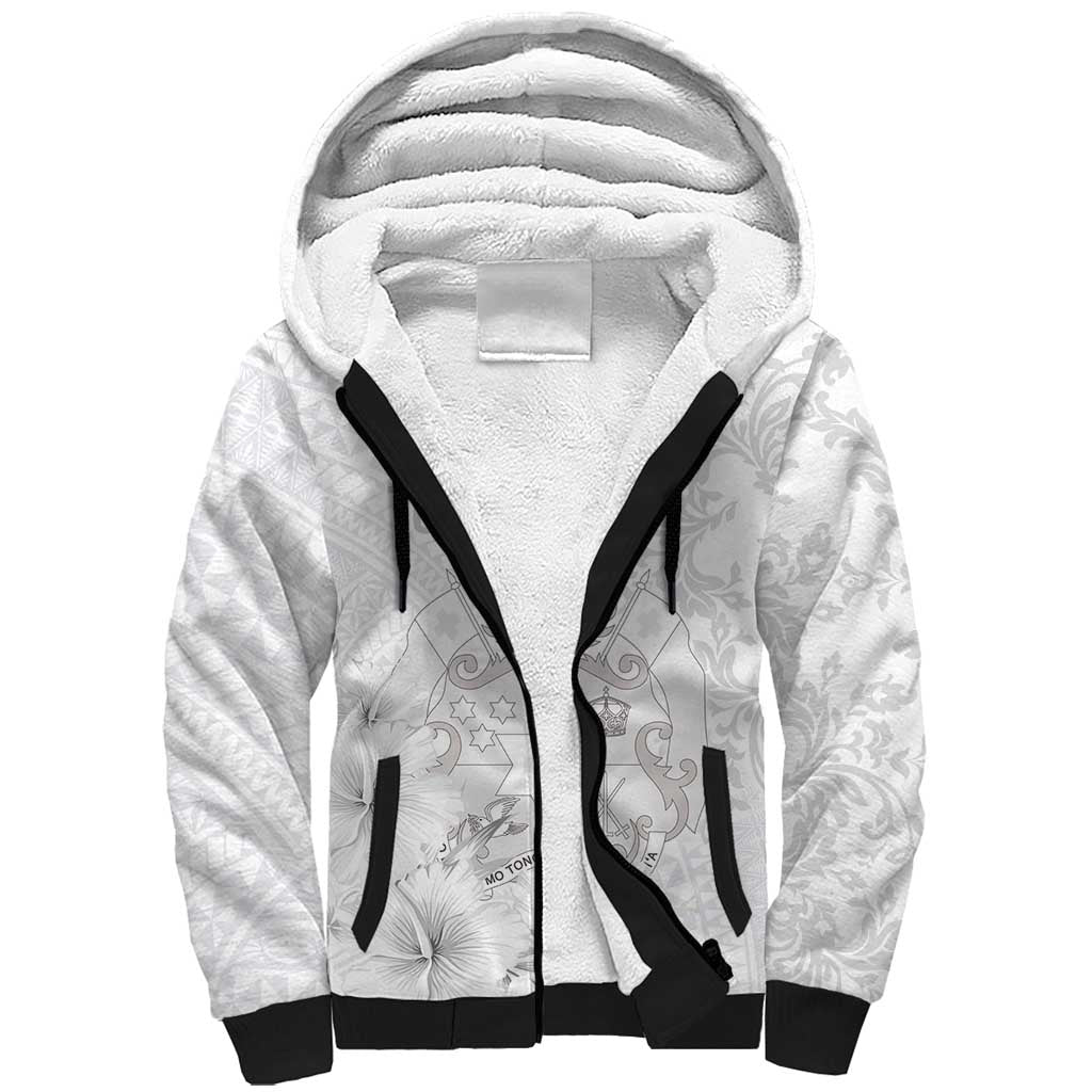 Tonga Faka Sepitema Sherpa Hoodie Ngatu and Floral Pattern with Blooming Hibiscus LT03 Unisex White - Polynesian Pride
