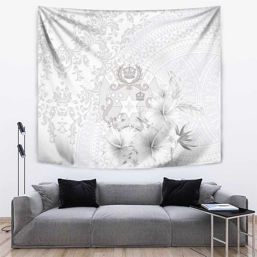 Tonga Faka Sepitema Tapestry Ngatu and Floral Pattern with Blooming Hibiscus LT03 White - Polynesian Pride