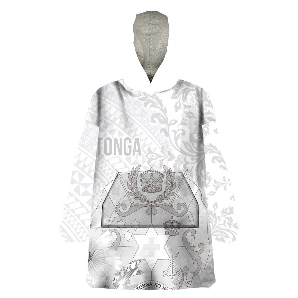 Tonga Faka Sepitema Wearable Blanket Hoodie Ngatu and Floral Pattern with Blooming Hibiscus LT03 One Size White - Polynesian Pride