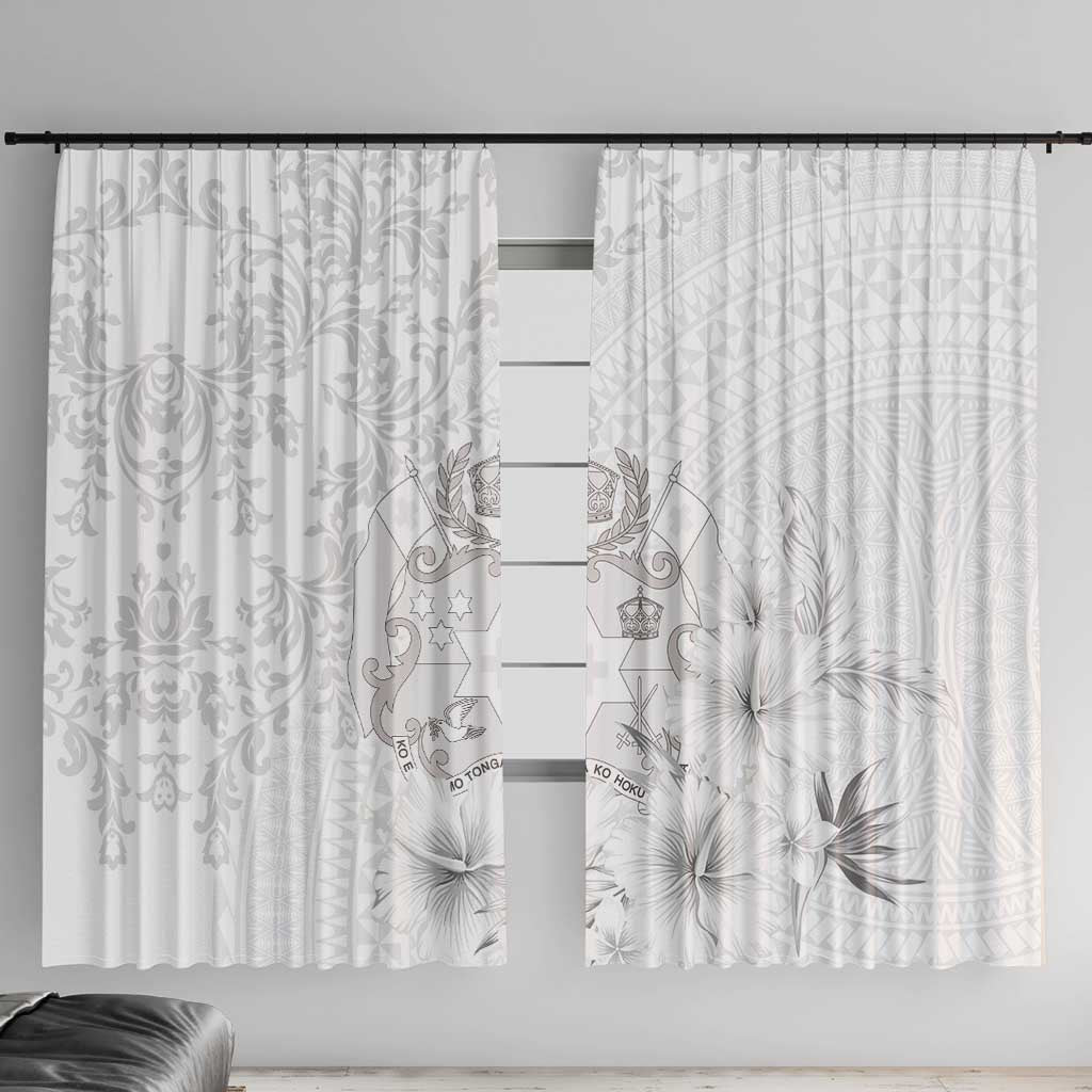 Tonga Faka Sepitema Window Curtain Ngatu and Floral Pattern with Blooming Hibiscus LT03 With Hooks White - Polynesian Pride