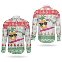 Hawaiian Mele Kalikimaka Couples Matching Off Shoulder Maxi Dress and Long Sleeve Button Shirt Funny Pineapple Surfing with Map Christmas Stripe Elements LT03 - Polynesian Pride