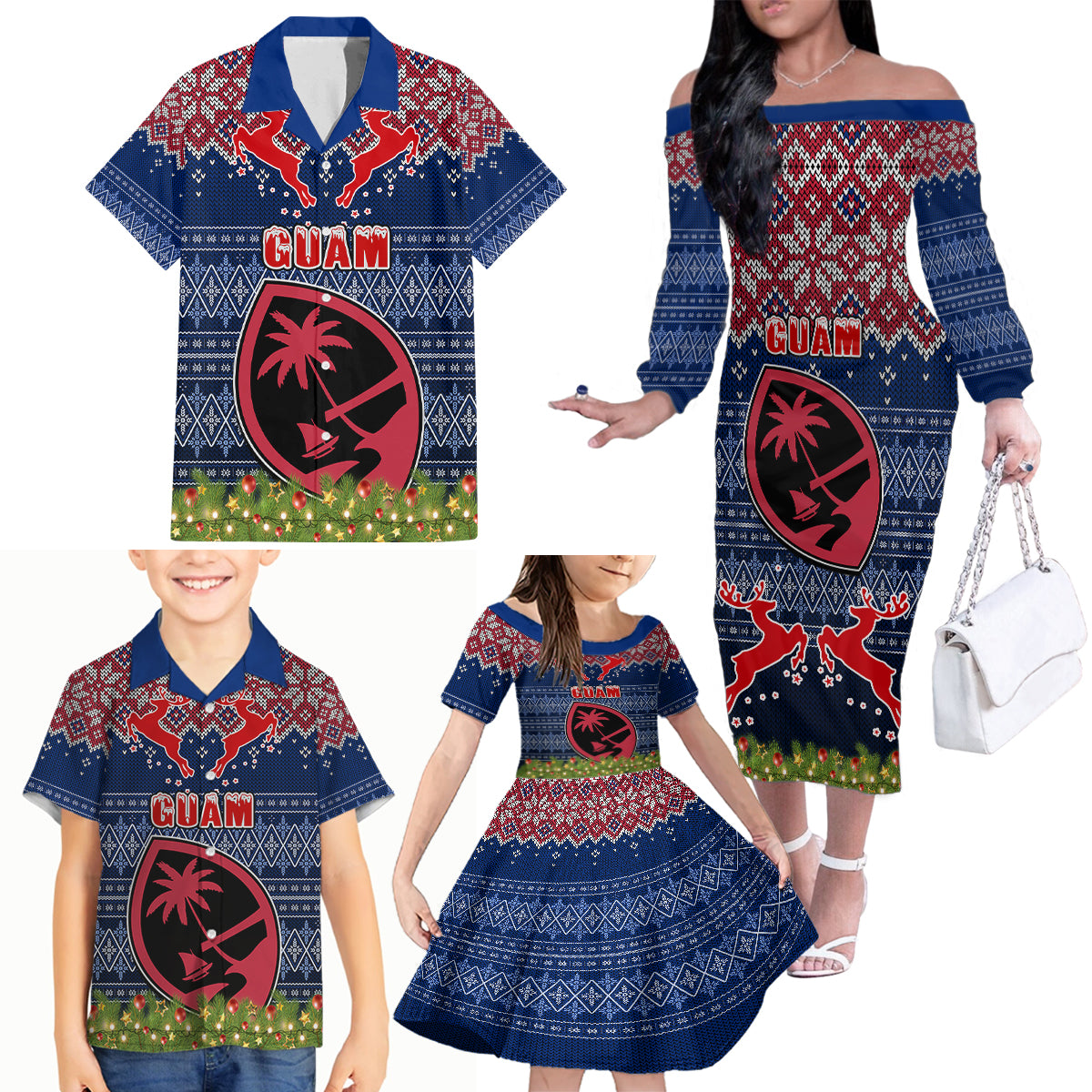 Personalised Guam Christmas Family Matching Off Shoulder Long Sleeve Dress and Hawaiian Shirt Chamorro Guam Tattoos Beautiful Merry Xmas Snowflake LT03 - Polynesian Pride