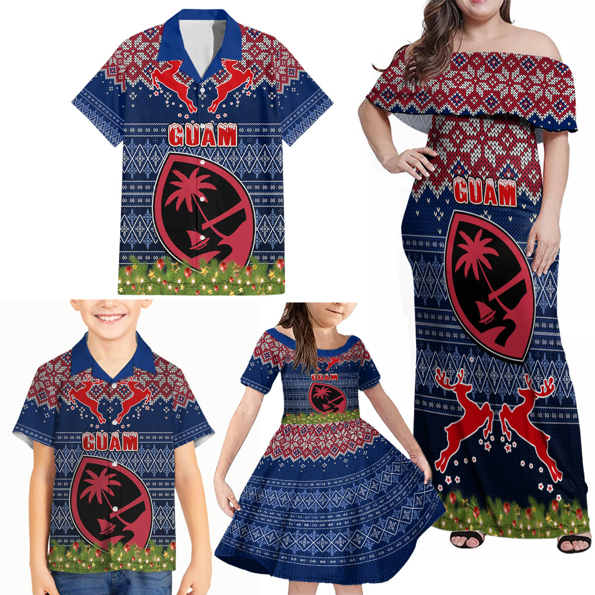 Personalised Guam Christmas Family Matching Off Shoulder Maxi Dress and Hawaiian Shirt Chamorro Guam Tattoos Beautiful Merry Xmas Snowflake LT03 - Polynesian Pride