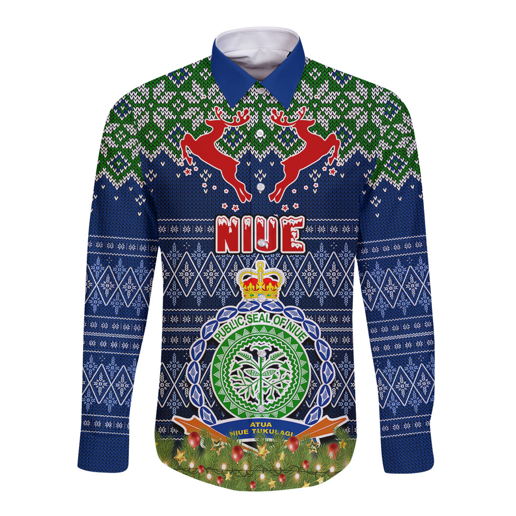Niue Christmas Long Sleeve Button Shirt Coat of Arms and Map Beautiful Merry Xmas Snowflake LT03 Unisex Blue - Polynesian Pride