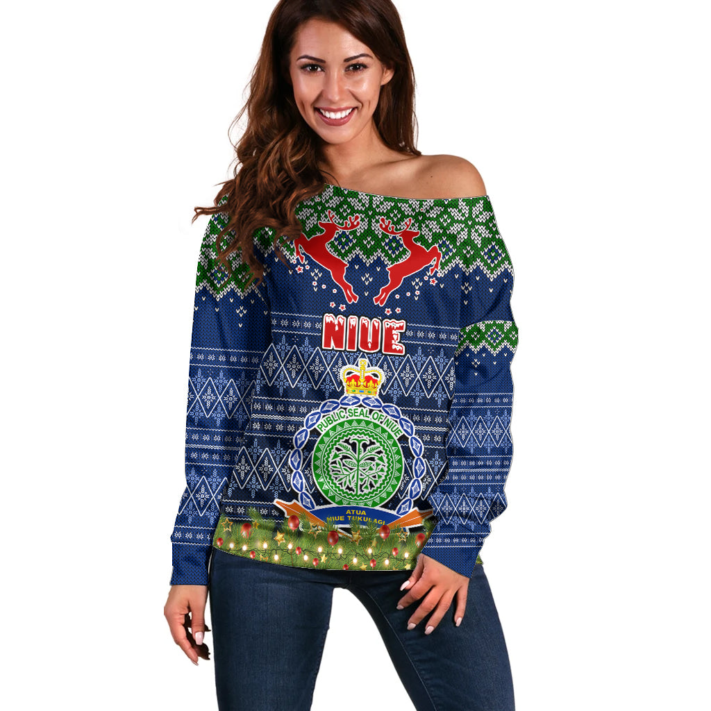 Niue Christmas Off Shoulder Sweater Coat of Arms and Map Beautiful Merry Xmas Snowflake LT03 Women Blue - Polynesian Pride