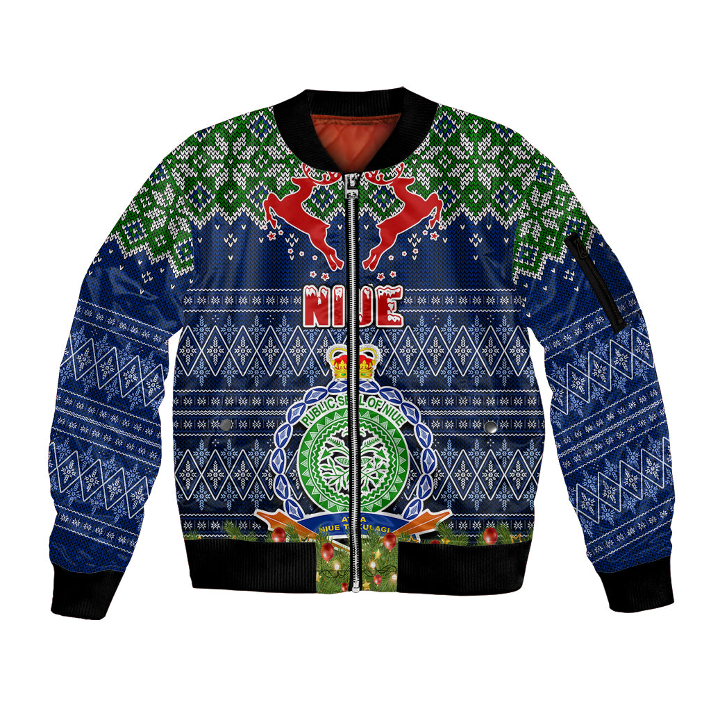 Niue Christmas Sleeve Zip Bomber Jacket Coat of Arms and Map Beautiful Merry Xmas Snowflake LT03 Unisex Blue - Polynesian Pride