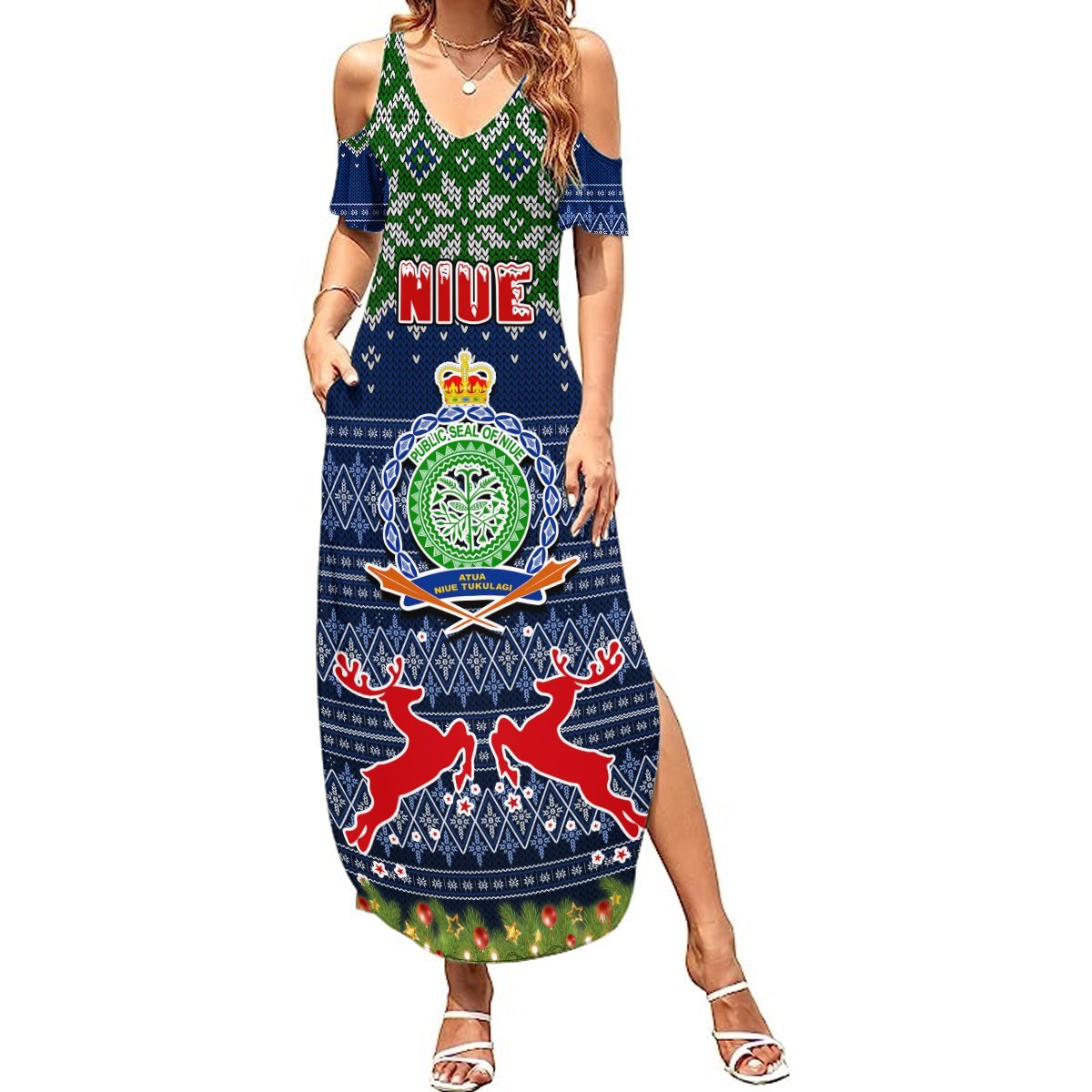 Niue Christmas Summer Maxi Dress Coat of Arms and Map Beautiful Merry Xmas Snowflake LT03 Women Blue - Polynesian Pride