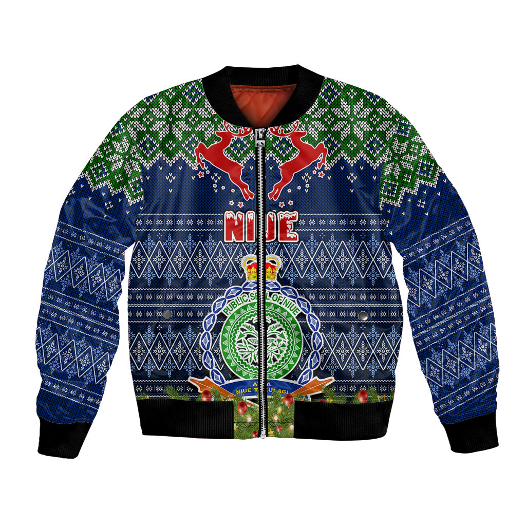 Personalised Niue Christmas Bomber Jacket Coat of Arms and Map Beautiful Merry Xmas Snowflake LT03 Unisex Blue - Polynesian Pride