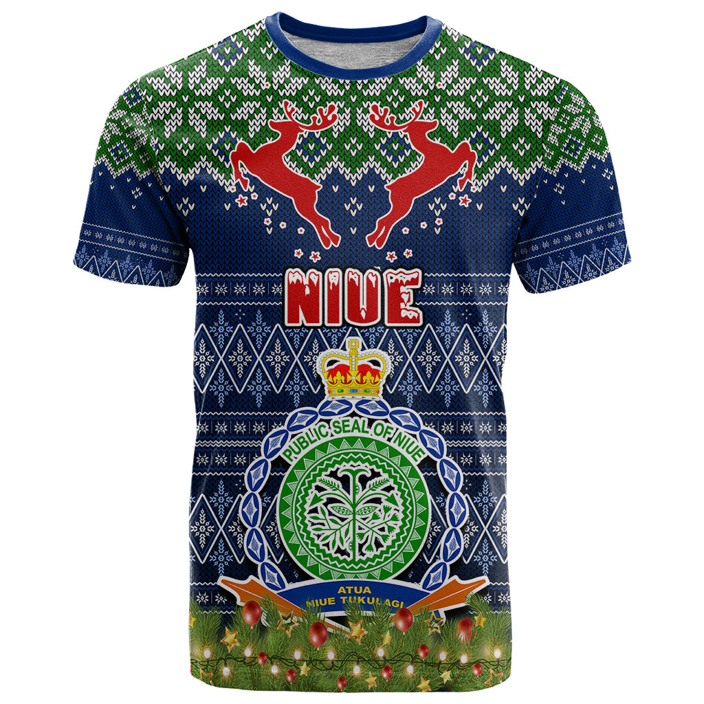 Personalised Niue Christmas T Shirt Coat of Arms and Map Beautiful Merry Xmas Snowflake LT03 Blue - Polynesian Pride