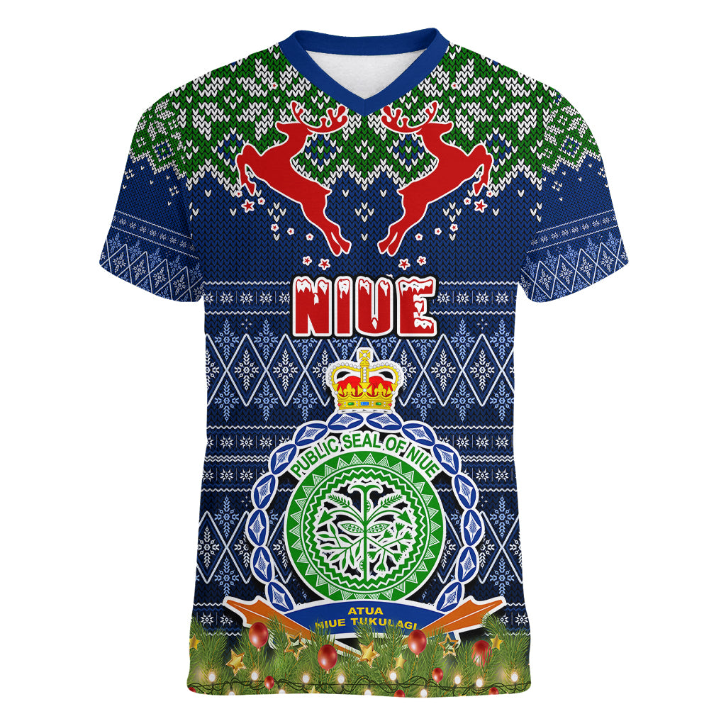 Personalised Niue Christmas Women V Neck T Shirt Coat of Arms and Map Beautiful Merry Xmas Snowflake LT03 Female Blue - Polynesian Pride