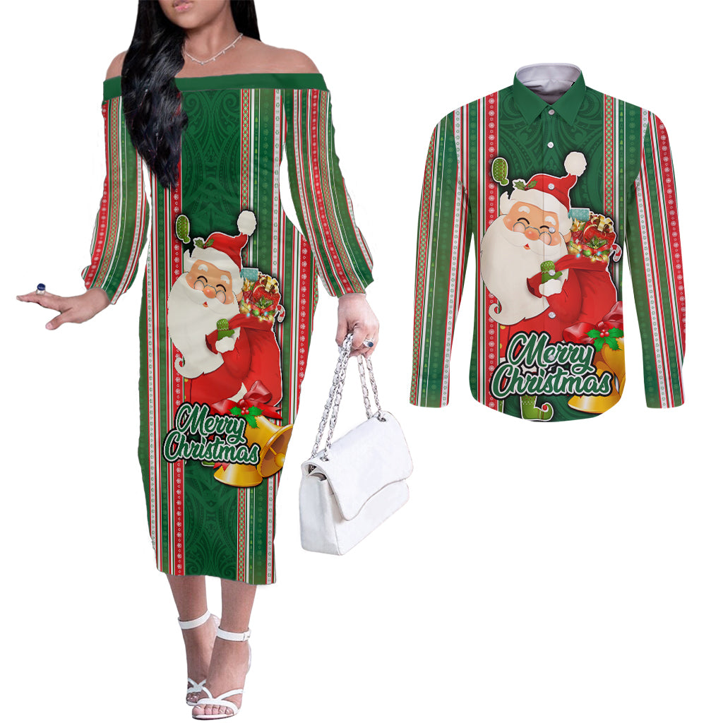 Kiribati Christmas Couples Matching Off The Shoulder Long Sleeve Dress and Long Sleeve Button Shirts Santa With Gift Bag Behind Ribbons Seamless Green Maori LT03 Green - Polynesian Pride