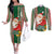 Kiribati Christmas Couples Matching Off The Shoulder Long Sleeve Dress and Long Sleeve Button Shirts Santa With Gift Bag Behind Ribbons Seamless Green Maori LT03 Green - Polynesian Pride