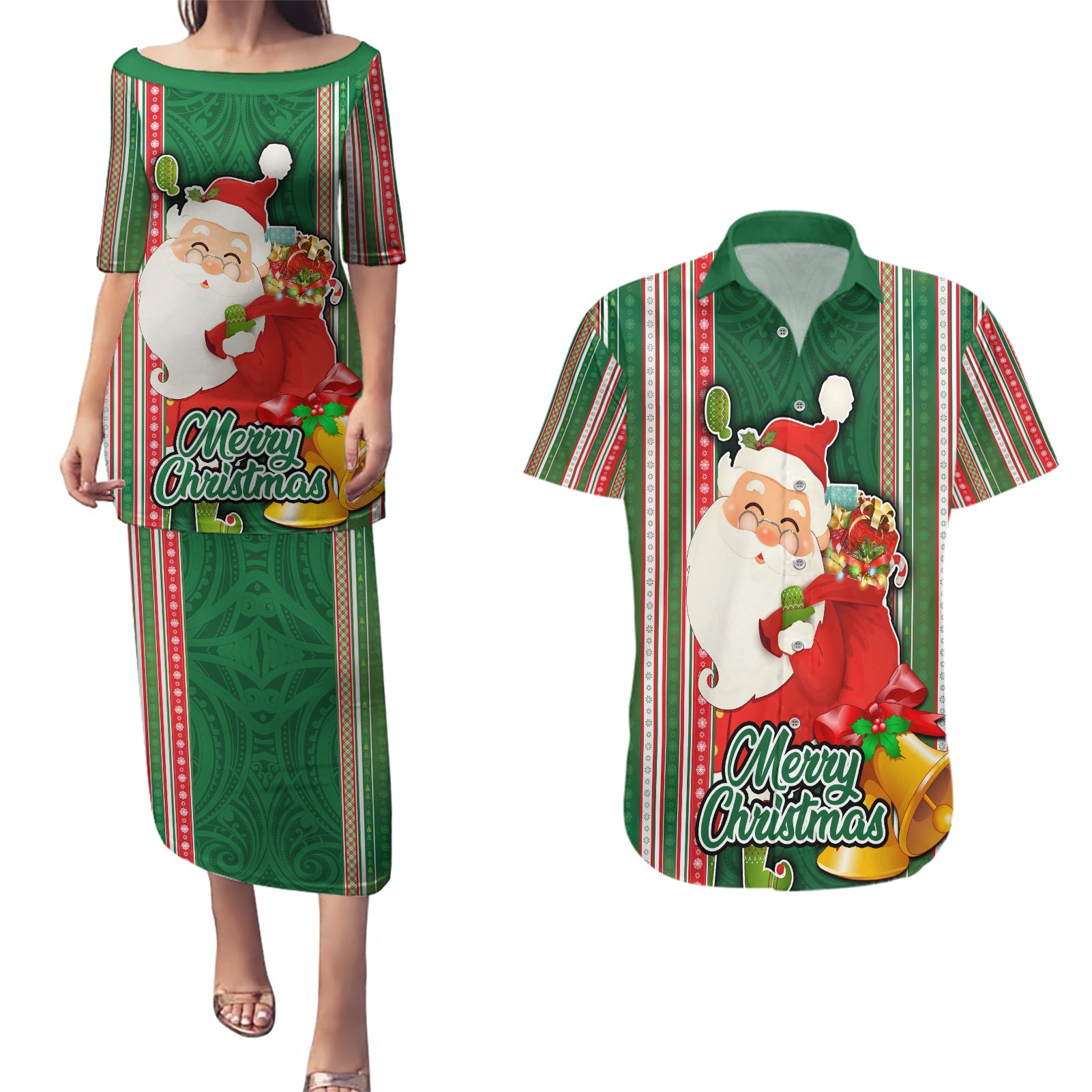 Kiribati Christmas Couples Matching Puletasi Dress and Hawaiian Shirt Santa With Gift Bag Behind Ribbons Seamless Green Maori LT03 Green - Polynesian Pride