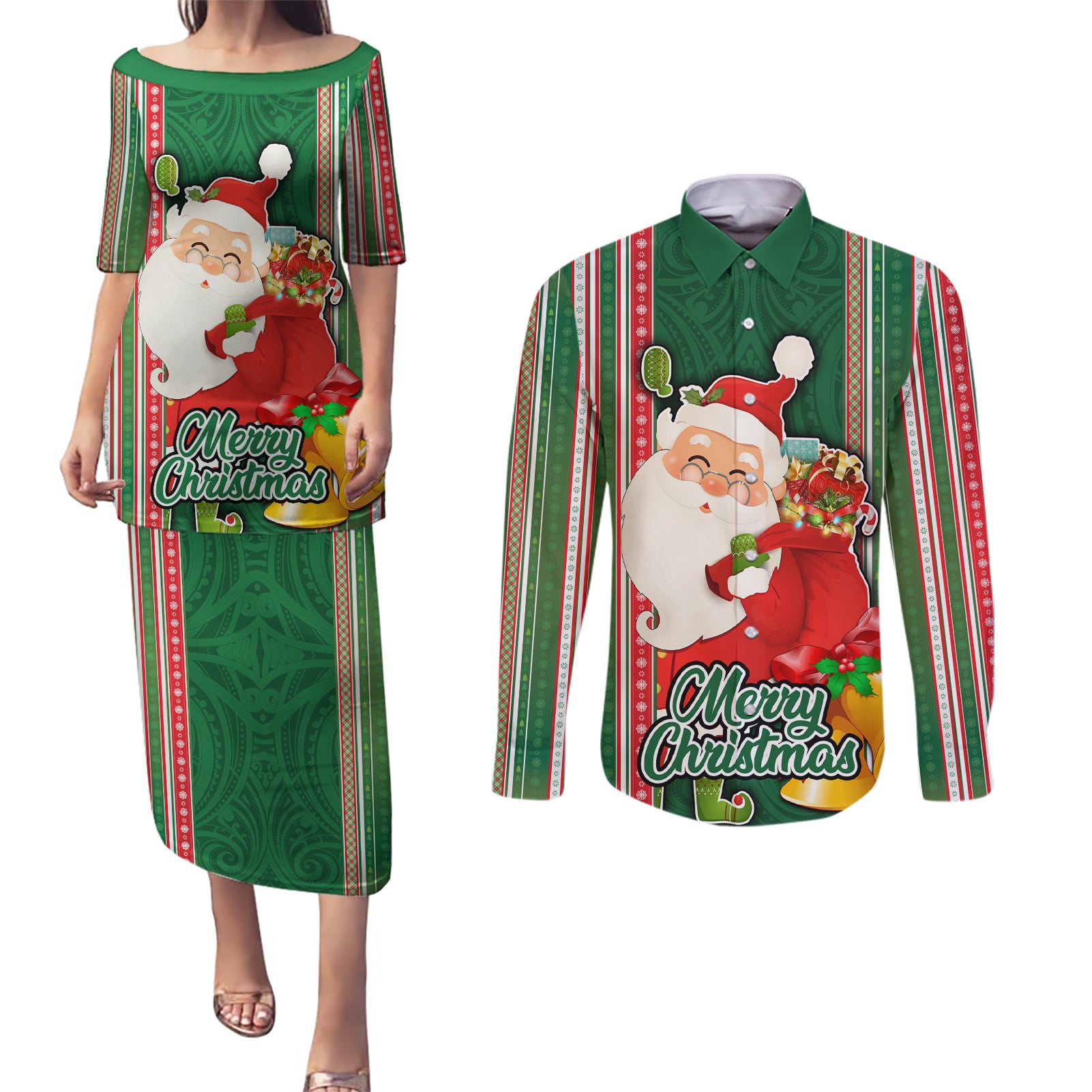 Kiribati Christmas Couples Matching Puletasi Dress and Long Sleeve Button Shirts Santa With Gift Bag Behind Ribbons Seamless Green Maori LT03 Green - Polynesian Pride