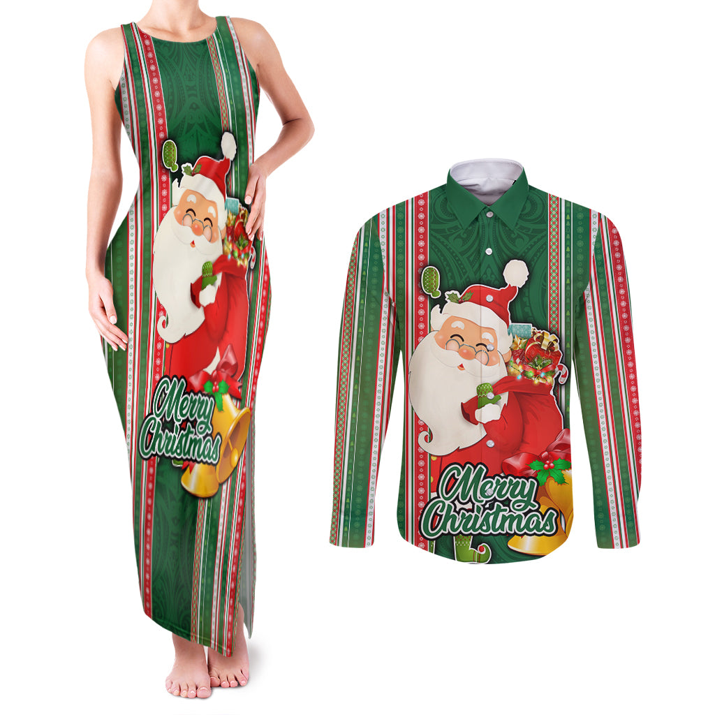 Kiribati Christmas Couples Matching Tank Maxi Dress and Long Sleeve Button Shirts Santa With Gift Bag Behind Ribbons Seamless Green Maori LT03 Green - Polynesian Pride