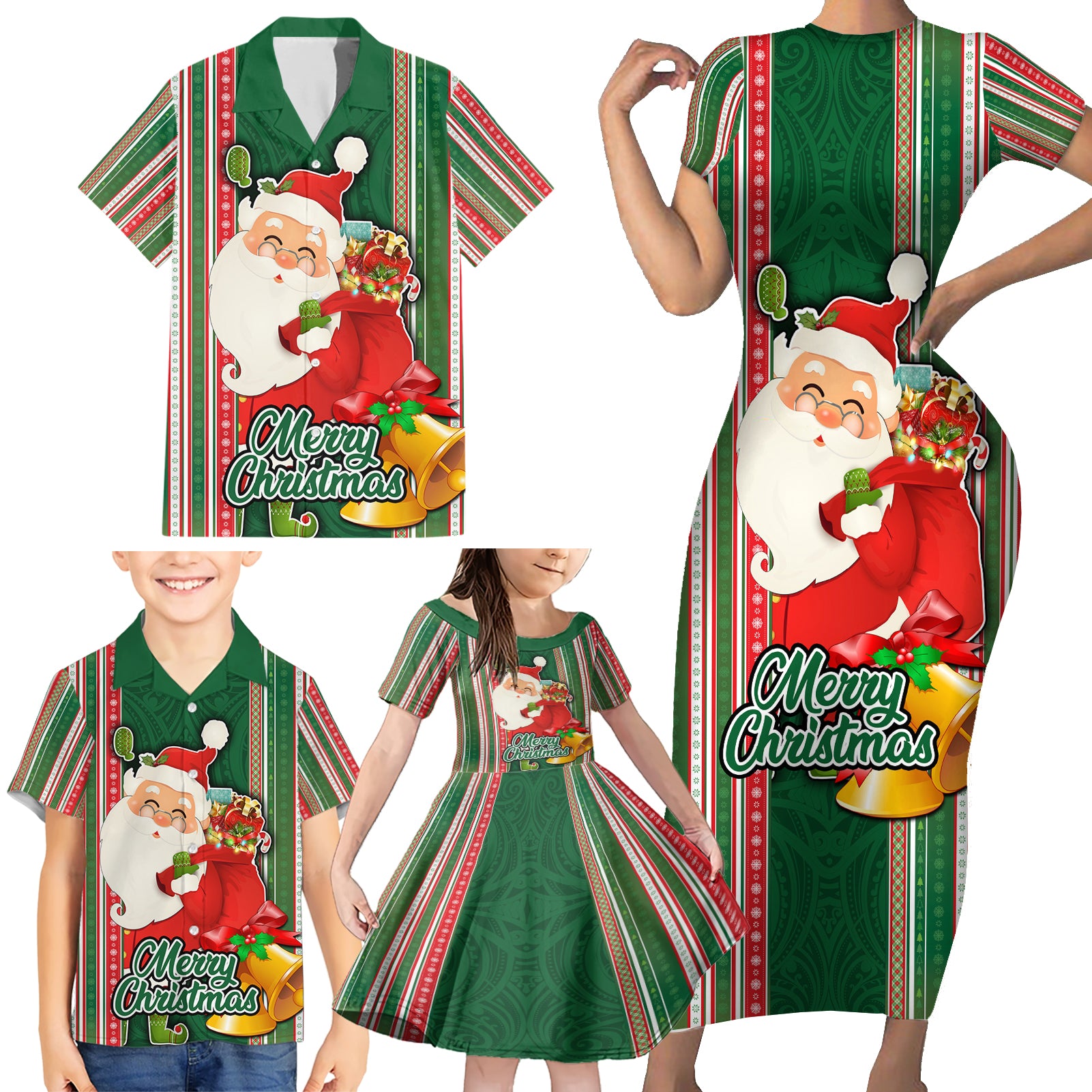 Kiribati Christmas Family Matching Short Sleeve Bodycon Dress and Hawaiian Shirt Santa With Gift Bag Behind Ribbons Seamless Green Maori LT03 - Polynesian Pride