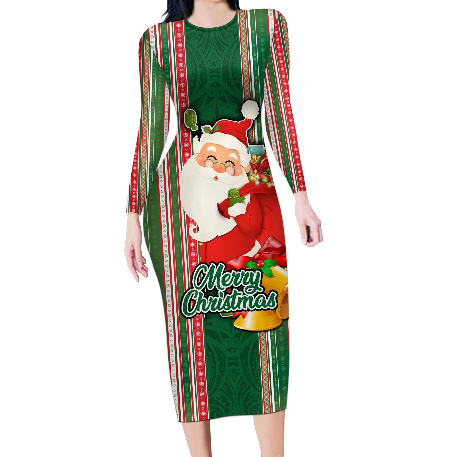 Kiribati Christmas Long Sleeve Bodycon Dress Santa With Gift Bag Behind Ribbons Seamless Green Maori LT03 Long Dress Green - Polynesian Pride