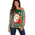 Kiribati Christmas Off Shoulder Sweater Santa With Gift Bag Behind Ribbons Seamless Green Maori LT03 Women Green - Polynesian Pride