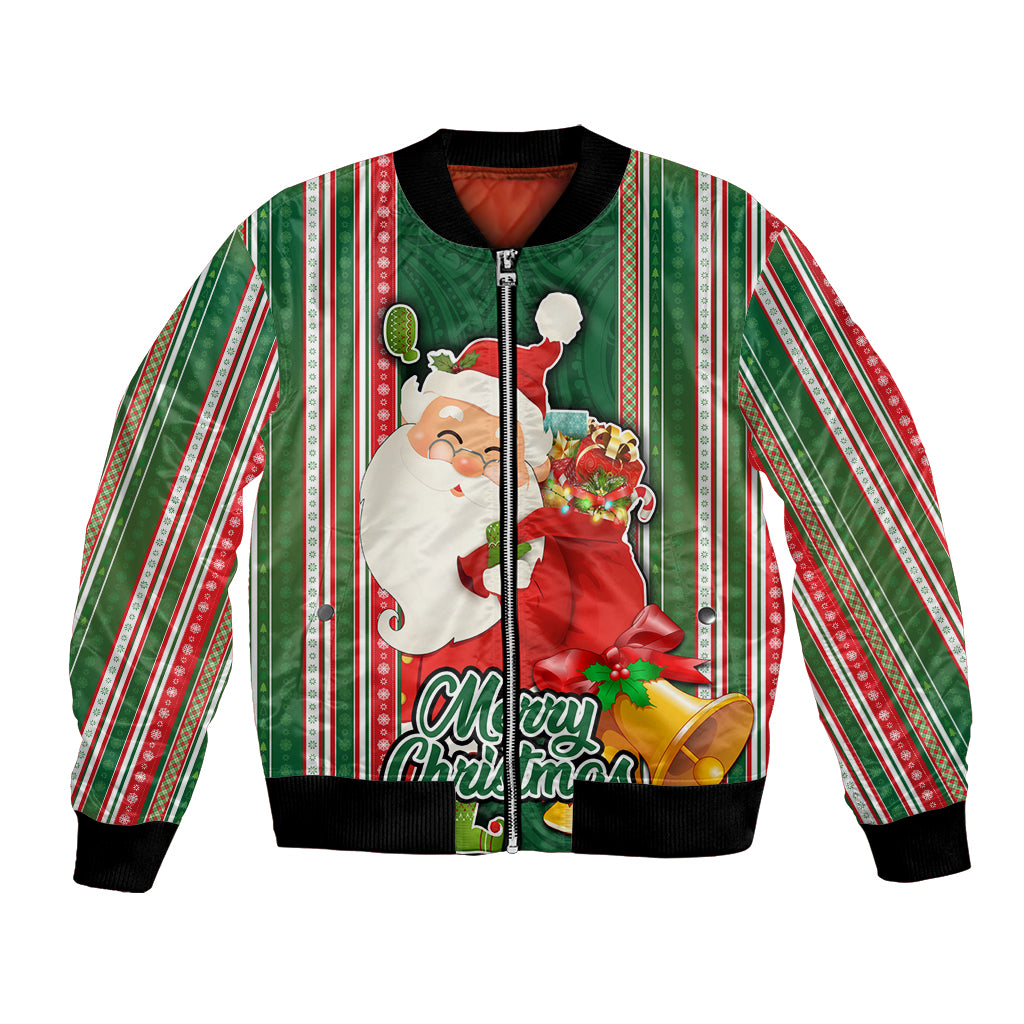 Custom Kiribati Christmas Bomber Jacket Santa With Gift Bag Behind Ribbons Seamless Green Maori LT03 Unisex Green - Polynesian Pride