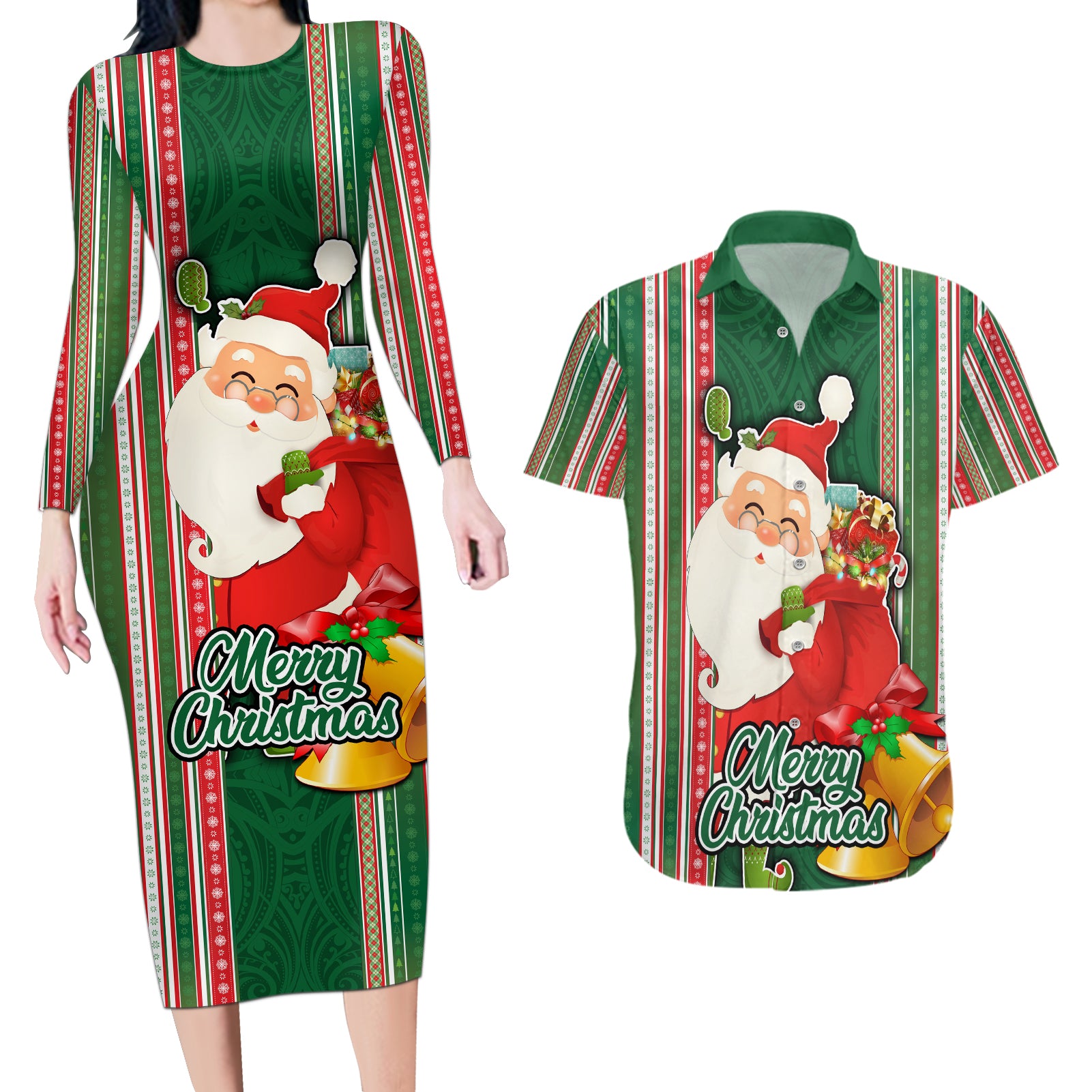 Custom Kiribati Christmas Couples Matching Long Sleeve Bodycon Dress and Hawaiian Shirt Santa With Gift Bag Behind Ribbons Seamless Green Maori LT03 Green - Polynesian Pride