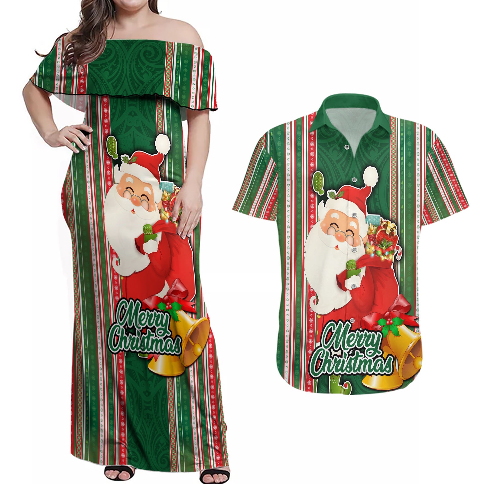 Custom Kiribati Christmas Couples Matching Off Shoulder Maxi Dress and Hawaiian Shirt Santa With Gift Bag Behind Ribbons Seamless Green Maori LT03 Green - Polynesian Pride