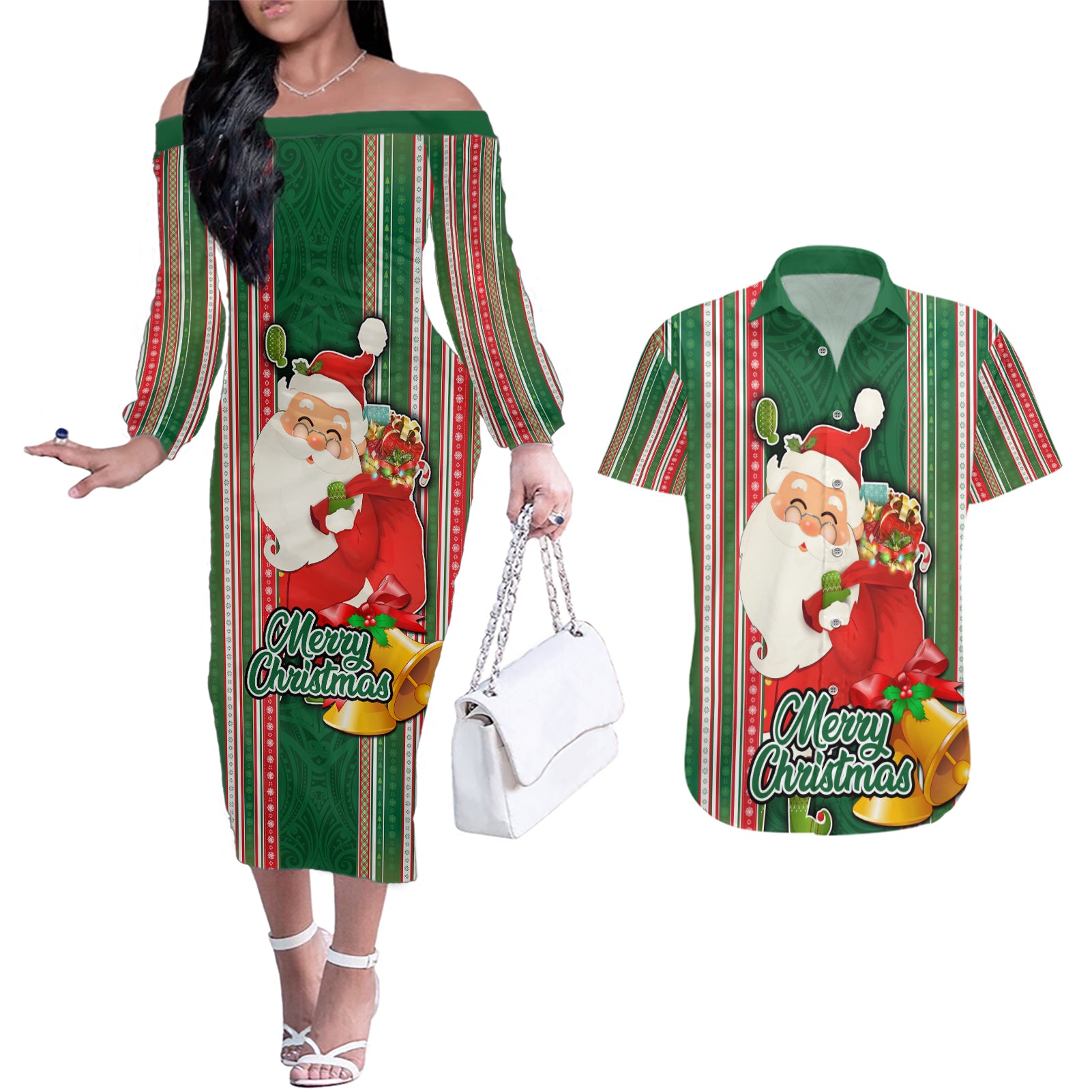 Custom Kiribati Christmas Couples Matching Off The Shoulder Long Sleeve Dress and Hawaiian Shirt Santa With Gift Bag Behind Ribbons Seamless Green Maori LT03 Green - Polynesian Pride