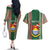 Custom Kiribati Christmas Couples Matching Off The Shoulder Long Sleeve Dress and Hawaiian Shirt Santa With Gift Bag Behind Ribbons Seamless Green Maori LT03 - Polynesian Pride